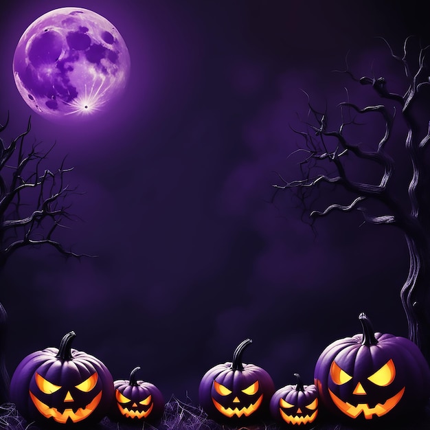 fond d'Halloween effrayant avec des citrouilles et la lune fond violet foncé