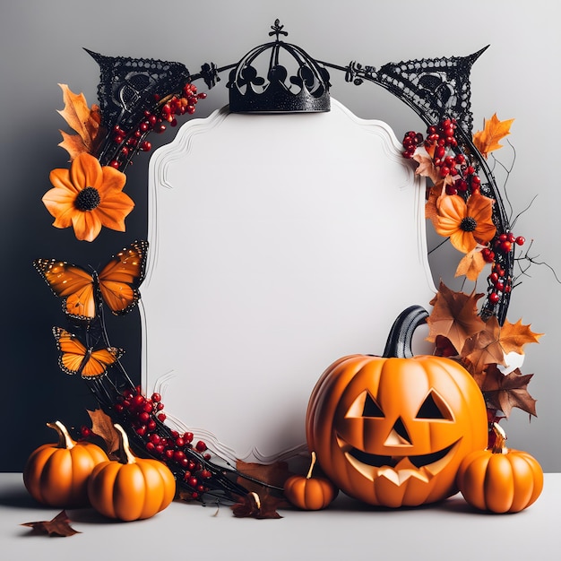 Fond d'Halloween avec feuilles de citrouilles et cadre noir pour le texte
