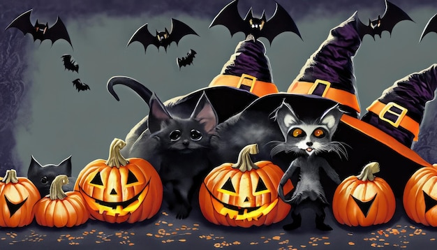 Fond d'Halloween avec fond hanté crânes de chats cimetière effrayant scène d'horreur effrayante ai