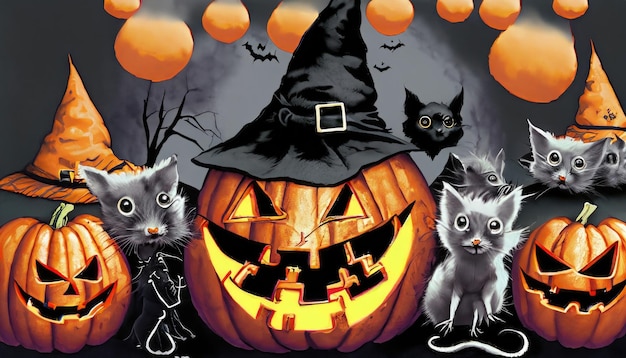 Photo fond d'halloween avec fond hanté crânes de chats cimetière effrayant scène d'horreur effrayante ai