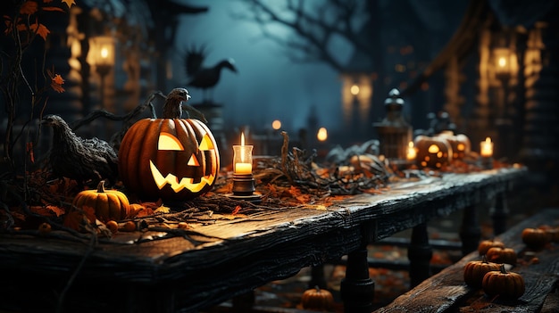 Photo fond d'halloween forêt fantasmagorique avec pleine lune et table en bois