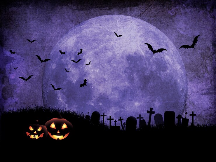 Photo fond de halloween grunge avec cimetière contre ciel éclairé par la lune