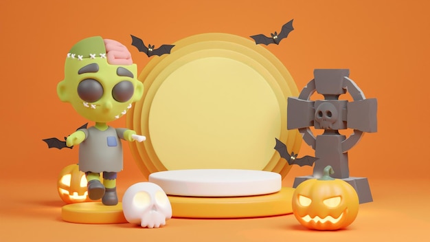 Fond d'halloween heureux avec des citrouilles zombies podium et des ornements d'halloween rendu 3D