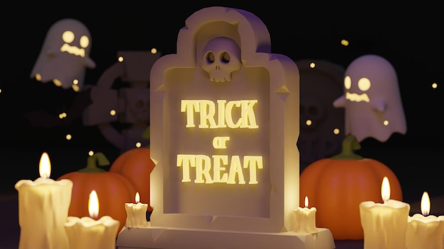 Fond d'halloween heureux avec fantôme de citrouilles Tombstone et ornements d'halloween rendu 3D