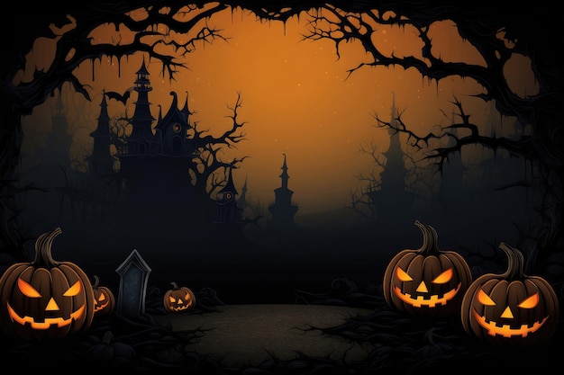 Fond d'halloween avec maison hantée de citrouilles et arbres fantasmagoriques