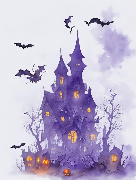 Fond d'Halloween avec maison hantée de citrouilles et chauves-souris Illustration dessinée à la main