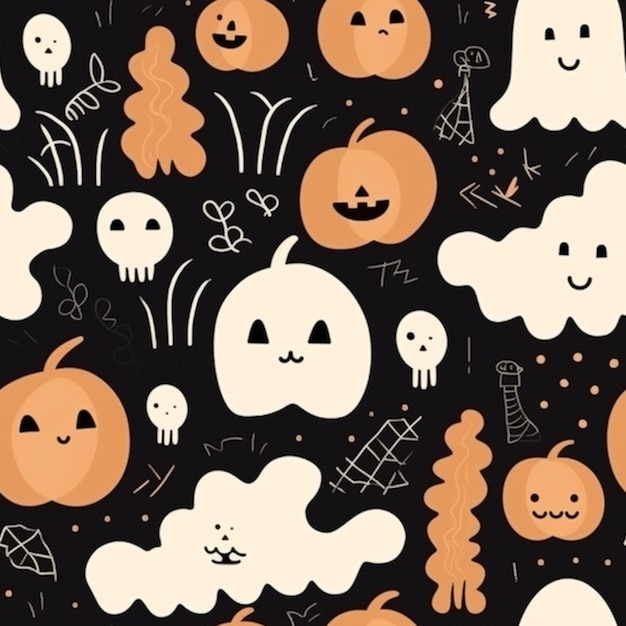 Un fond d'halloween noir et blanc avec des citrouilles, des citrouilles et des fantômes.