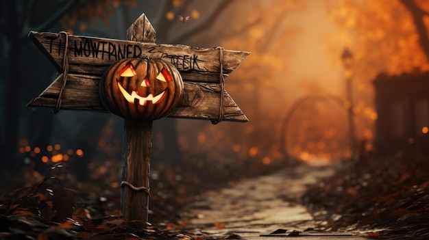 Fond d'Halloween avec panneau en bois et citrouille