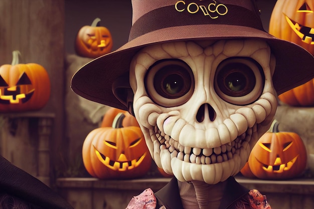 Fond d'Halloween avec personnage de squelettes et illustration 3D de citrouilles