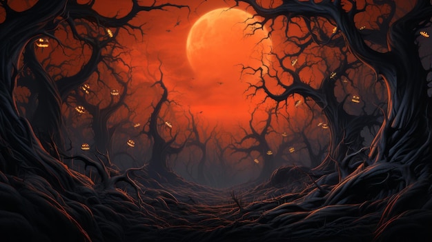 fond d'Halloween avec une pleine lune et des arbres effrayants