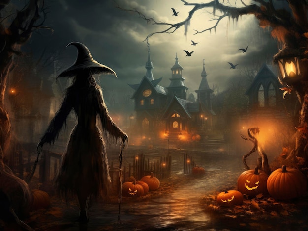 Fond d'Halloween avec sorcière et château en arrière-plan