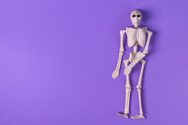 Fond d'Halloween avec squelette humain sur fond violet vue de dessus Carte de voeux d'Halloween