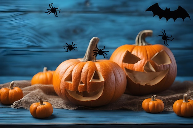 Fond d'Halloween avec des toiles d'araignées et des chauves-souris citrouilles