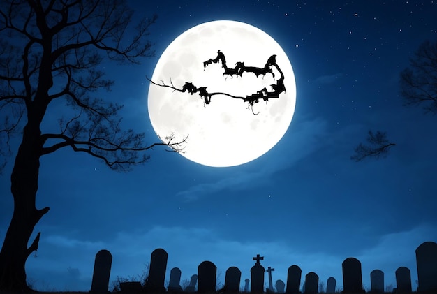 Fond d'Halloween avec de vieilles pierres tombales de cimetière arbres sans feuilles effrayants lune sur le ciel nocturne