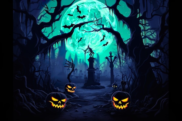 Fond d'Halloween vieux cimetière pierres tombales fantasmagoriques arbres sans feuilles pleine lune le soir d'Halloween