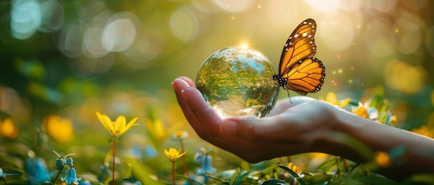 Sur un fond d'herbe verte et de cloches bleues, un globe de verre de cristal avec des ailes jaunes et une main humaine sauvant l'environnement est représenté