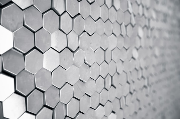 Fond hexagonal abstrait argent avec effet de profondeur de champ. Structure d'un grand nombre d'hexagones. Texture de mur en nid d'abeille en acier, fond de grappes hexagonales brillantes, rendu 3D