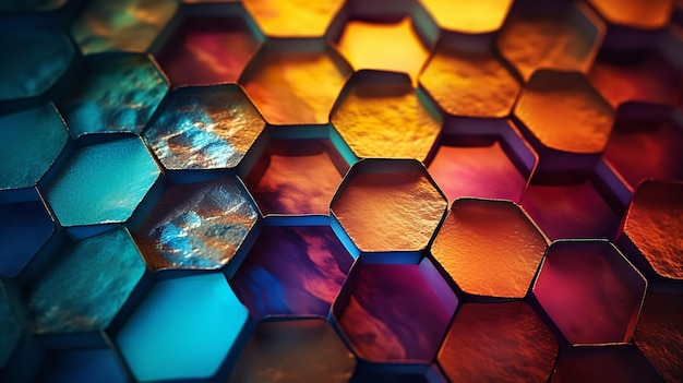 Un fond hexagonal multicolore et un rendu 3D réaliste avec une forme géométrique de base de couleur néon Generative AI