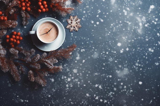 Fond d'hiver bleu avec des branches de pin sapin baies rouges et horloge tasse de café vacances de Noël