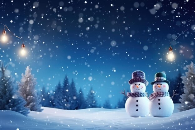Fond d'hiver avec des bonhommes de neige dans un paysage de Noël