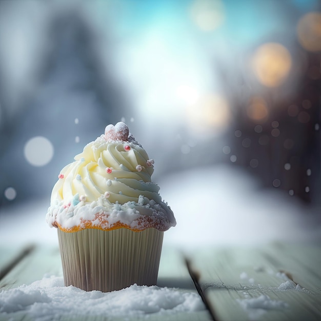 Fond d'hiver Cupcake avec IA générative de neige