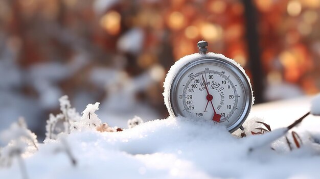 Photo fond d'hiver avec thermomètre dans la neige le jour glacial ai générative