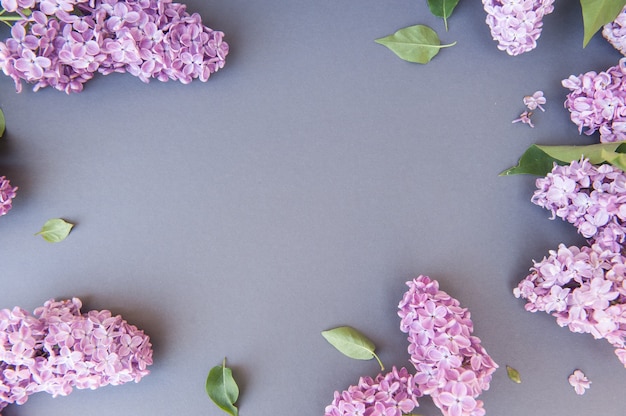 Fond horizontal gris de l'espace vide avec bouquet de fleurs lilas