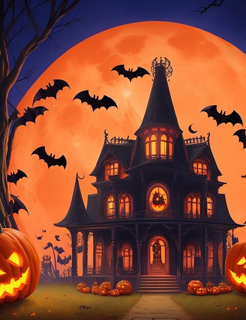 Fond d'horreur d'Halloween avec des citrouilles d'arbres morts hanté la maison maléfique la nuit et le gène de la pleine lune