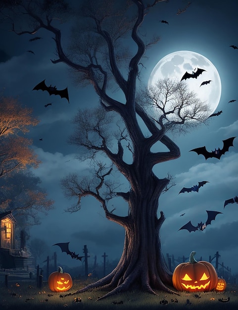 Fond d'horreur de scène d'Halloween avec des citrouilles effrayantes d'arbre mort hanté la maison maléfique la nuit avec