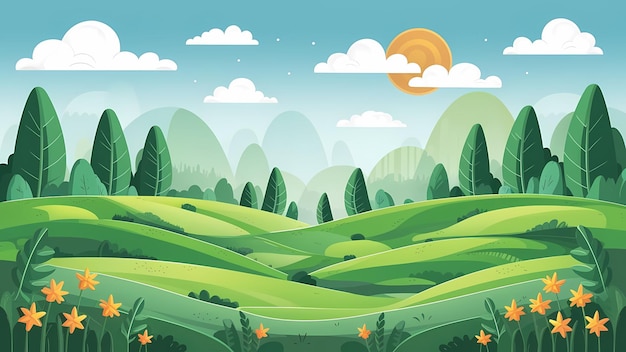 Photo fond d'illustration de dessin animé plat de paysage de collines vertes