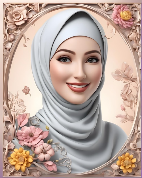 Fond, illustration, fleur, cadre, hijab, mode