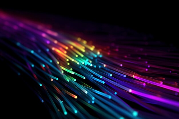 Un fond illustré de câbles optiques cyber couleurs néon fond noir AI génératif