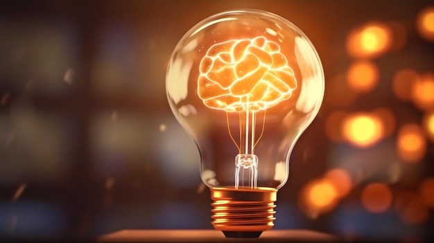 Sur fond d'inspiration, une ampoule avec un cerveau brillant GENERATE AI