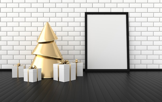 Fond intérieur de célébration du nouvel an Boîte-cadeau de cadre d'affiche d'arbre de Noël doré