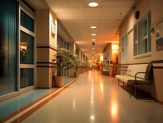 Fond intérieur de couloir de clinique de couloir d'hôpital moderne vide avec des chaises pour le lit du patient