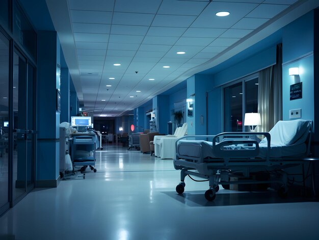 Fond intérieur de couloir de clinique de couloir d'hôpital moderne vide avec des chaises pour le lit du patient