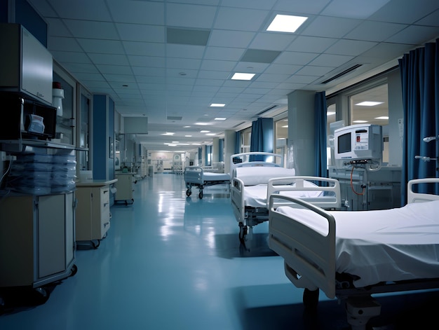 Fond intérieur de couloir de clinique de couloir d'hôpital moderne vide avec des chaises pour le lit du patient