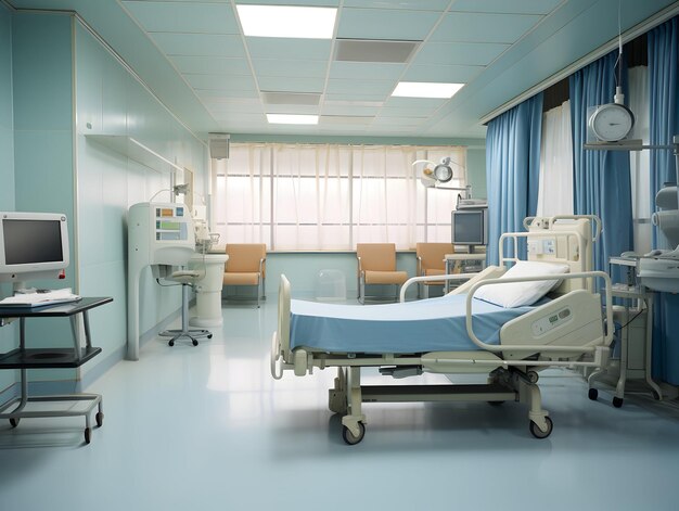 Fond intérieur de couloir de clinique de couloir d'hôpital moderne vide avec des chaises pour le lit du patient