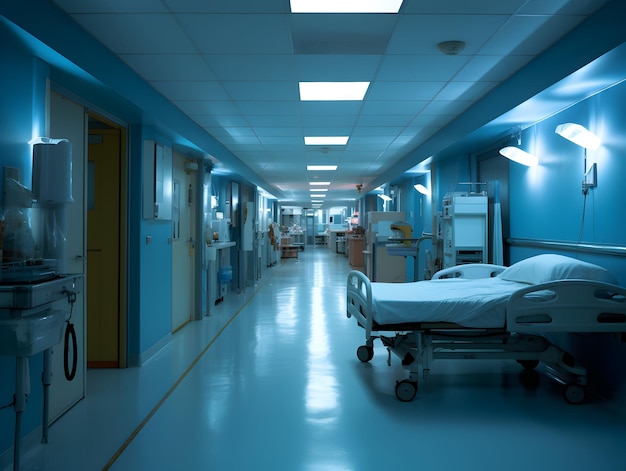 Fond intérieur de couloir de clinique de couloir d'hôpital moderne vide avec des chaises pour le lit du patient