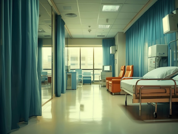 Fond intérieur de couloir de clinique de couloir d'hôpital moderne vide avec des chaises pour le lit du patient