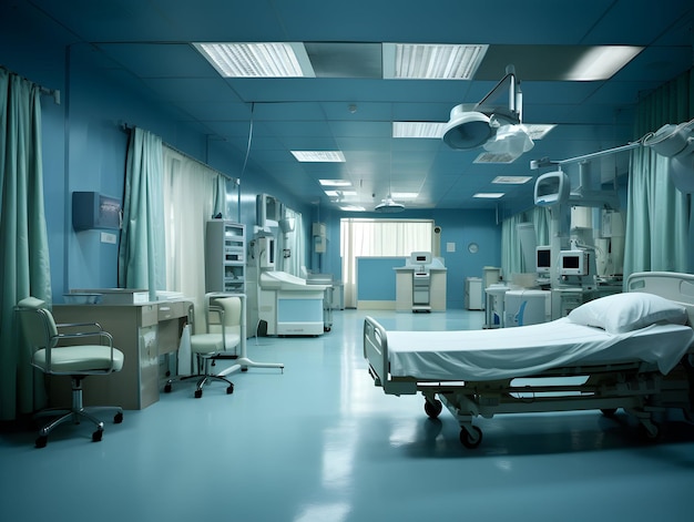 Fond intérieur de couloir de clinique de couloir d'hôpital moderne vide avec des chaises pour le lit du patient