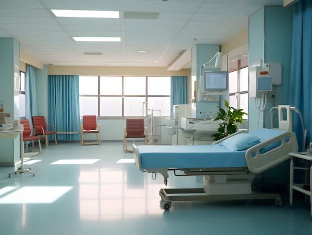 Fond intérieur de couloir de clinique de couloir d'hôpital moderne vide avec des chaises pour le lit du patient