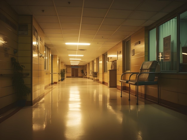 Fond intérieur de couloir de clinique de couloir d'hôpital moderne vide avec des chaises pour le lit du patient