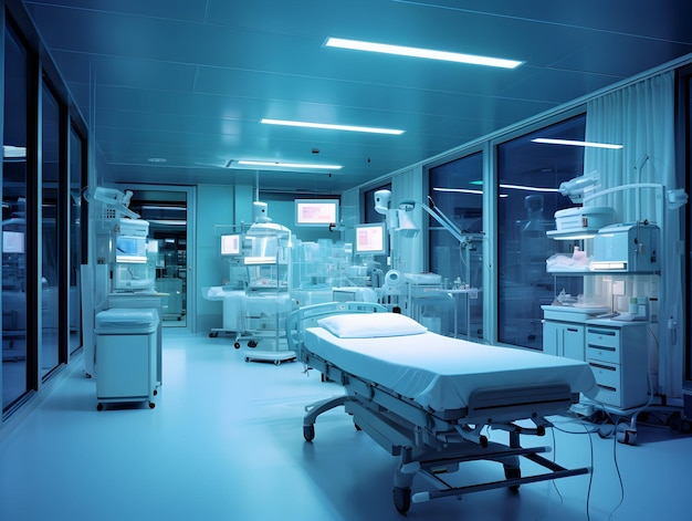 Fond intérieur de couloir de clinique de couloir d'hôpital moderne vide avec des chaises pour le lit du patient