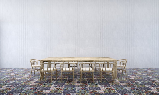 Fond intérieur de maison avec table et chaises en bois et décor de maquette dans la salle à manger texture de mur en béton rendu 3d
