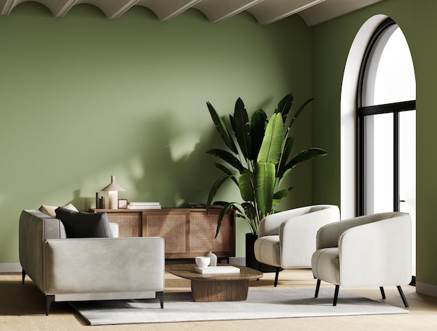 Fond intérieur moderne simple avec rendu 3d de maquette de mur vert de mobilier minimal