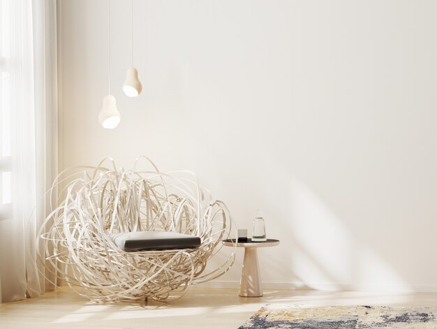 Fond intérieur de salon avec fauteuil en bois et table basse près de la fenêtre