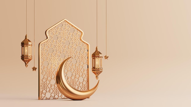 Photo fond islamique avec lanterne du ramadan et illustration 3d du croissant de lune