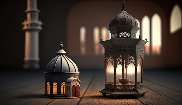 Fond islamique avec lanterne mosquée croissant de lune Ramadan Kareem Eid Mubarak arrière-plans