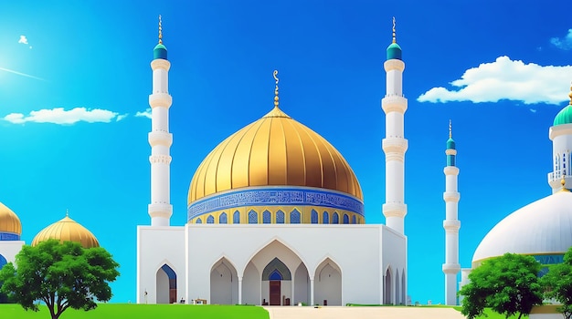 Photo fond islamique avec mosquée et ciel bleu génératif par ai